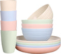 LuckyZone Wheat Straw Dinnerware Sets for 4 (Reusable Plates Bowls &amp Cups) - Lightweight Unbreakable Dinner Camping Dishes - Dishwasher &amp Microwave Safe Eco Friendly(12Pcs/4Color)