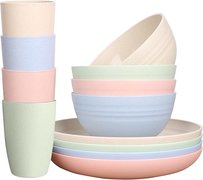 LuckyZone Wheat Straw Dinnerware Sets for 4 (Reusable Plates Bowls &amp Cups) - Lightweight Unbreakable Dinner Camping Dishes - Dishwasher &amp Microwave Safe Eco Friendly(12Pcs/4Color)