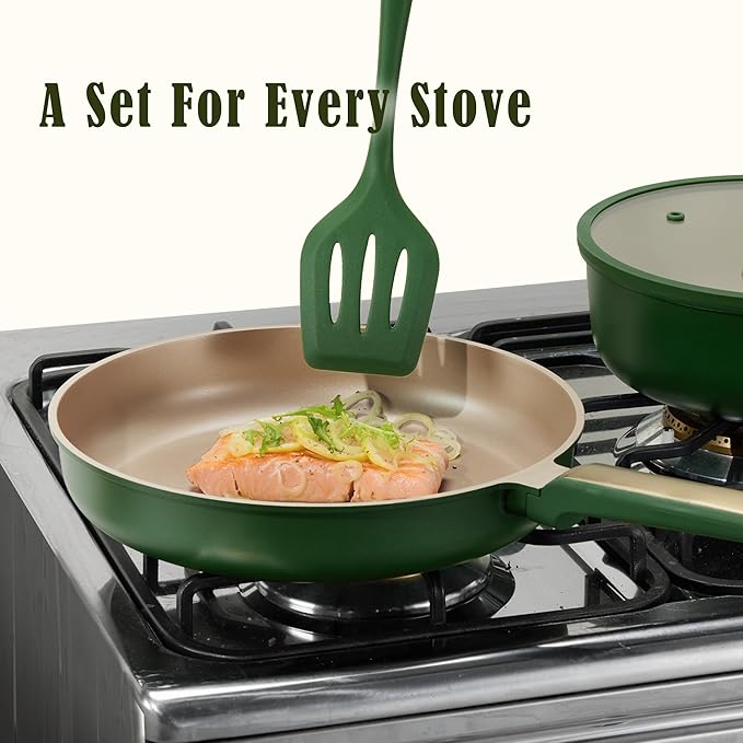 CAROTE Pots and Pans Set 18pcs Non stick Cookware Set Induction Ready Cooking Set Non-toxic Green
