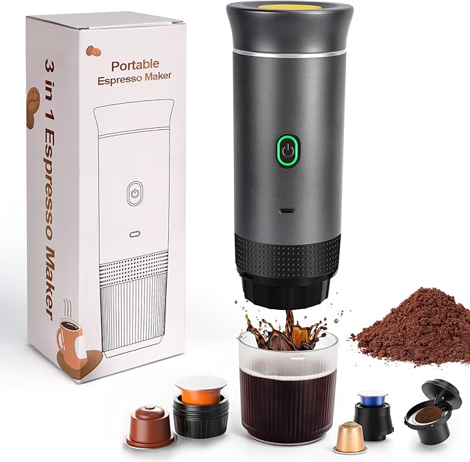 Electric Espresso Machine 3 In 1 Portable Coffee Maker for Travel 4-6 min Self-Heating Compatible with Ground Coffee &amp Large Capsules Small Capsules for Hiking Camping RV Office(Grey)