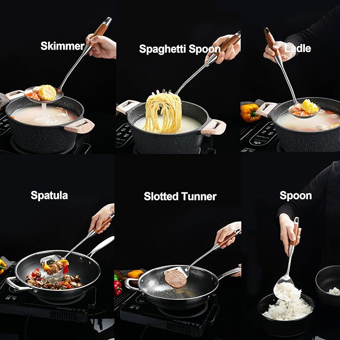 Stainless Steel Cooking Utensils with Wooden Handle 6 PCS Stainless Steel Kitchen Utensils 12.5-14 Wok Spatula Ladle Skimmer Slotted Spatula Turner Spaghetti Spoon Large Spoon