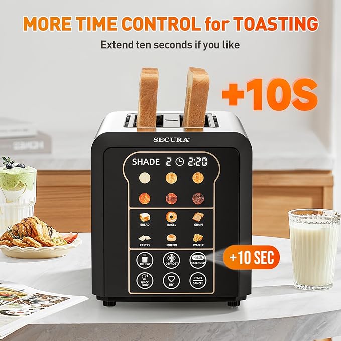 Secura 2 Slice Automatic Toaster Touch Screen Smart Toaster with Digital Timer 6 Bread Type &amp 6 Browning Levels Reheat Deforst +10s Extended Customizable Memory Settings Great for Home RV Off