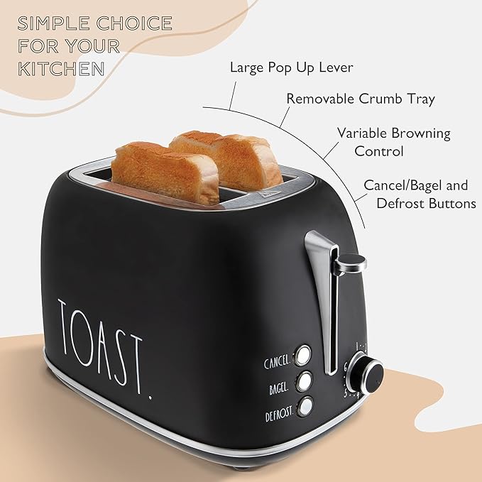 Rae Dunn Retro Rounded Bread Toaster 2 Slice Stainless Steel Toaster with Removable Crumb Tray Wide Slot with 6 Browning Levels Bagel Defrost and Cancel Options Black