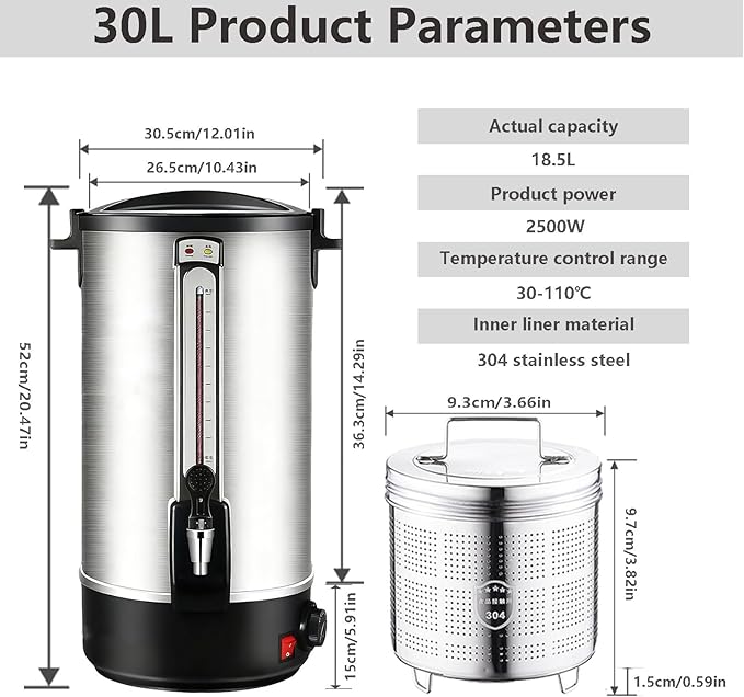 Commercial Grade Coffee Maker Hot Water Urn - Percolator with Double-Wall Stainless Steel Quick Brew Stays Hot for Tea &amp Beverage at Events &amp Catering 30L