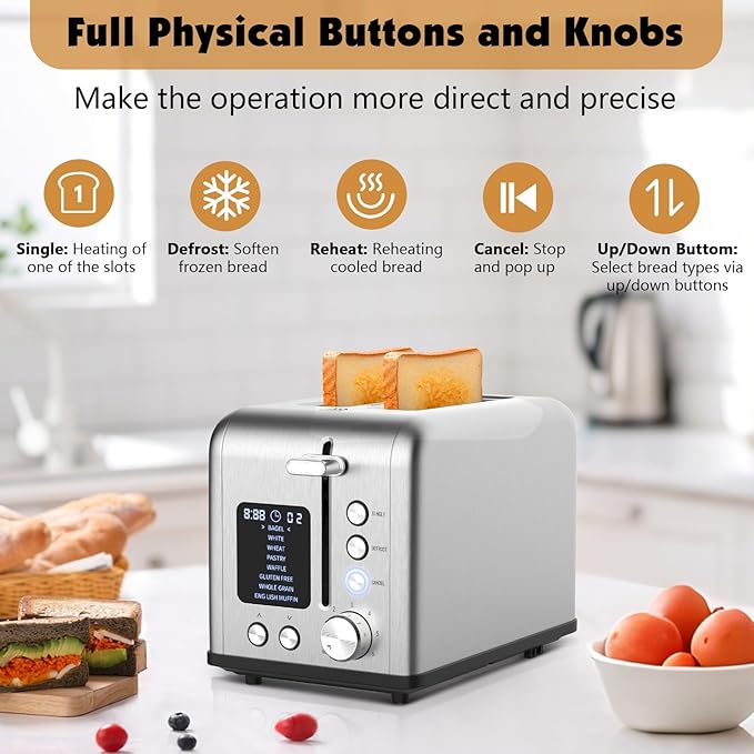 2-Slice Bagel Toaster Stainless Steel with Screen- Single Slice Function for Single-Sided Stuffed Bagel 8 Bread Types 6 Browning Levels LED Countdown Timer Defrost/Reheat/Cancel 825W