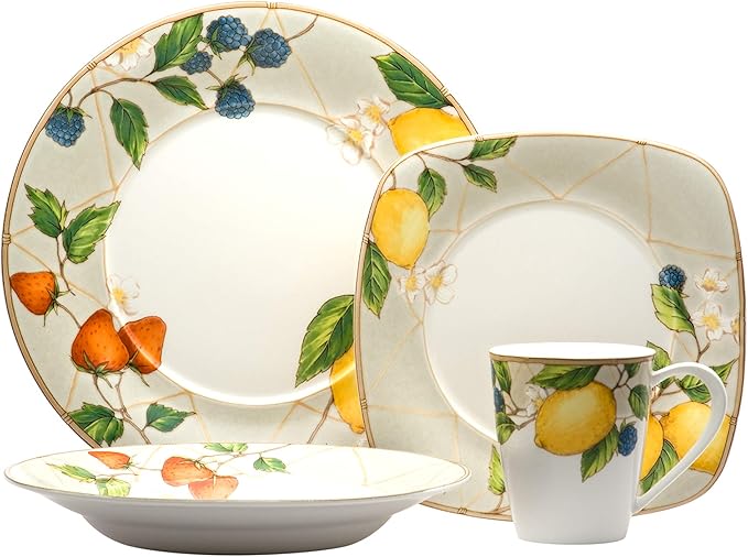 Red Vanilla Fruit 16 Piece Dinner Set with Square Salad 1 White