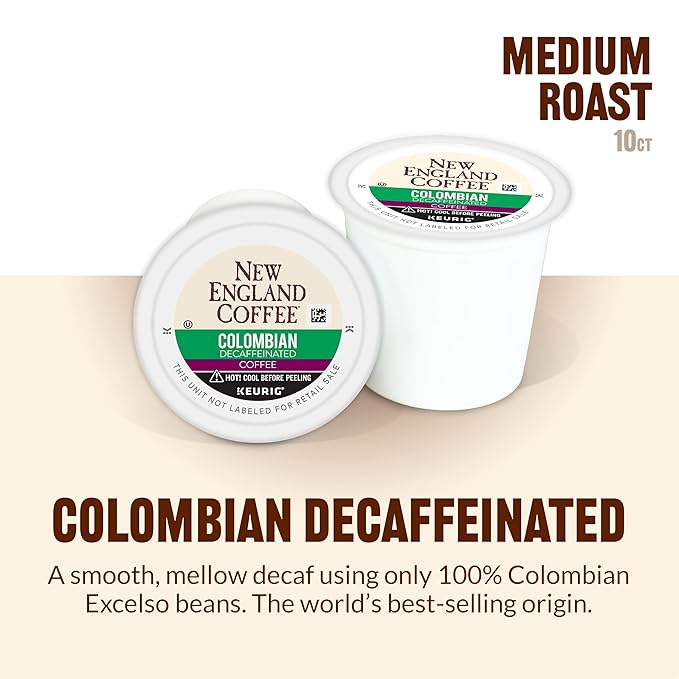New England Coffee Colombian Decaffeinated Medium Roast Single Serve Pods 10ct Box (Pack of 6)