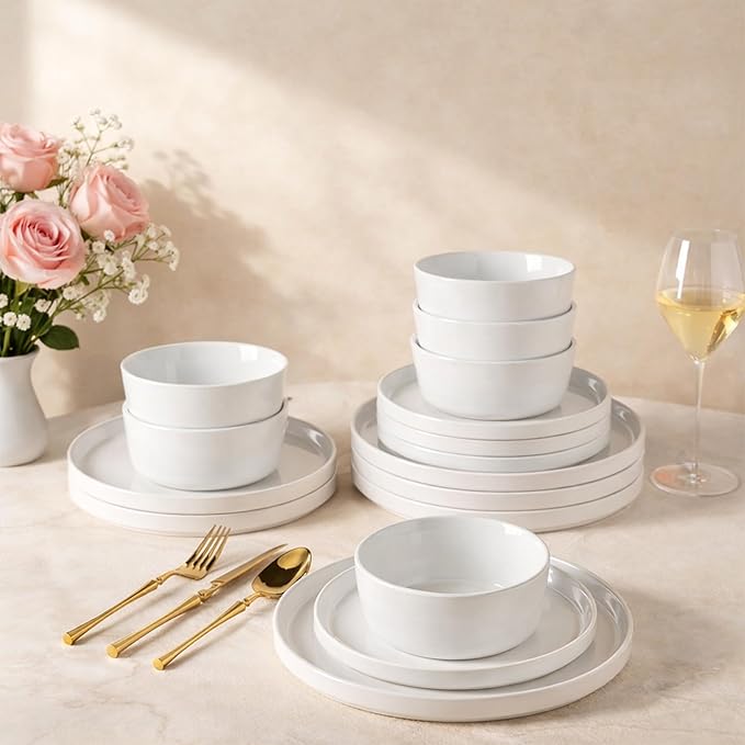 AmorArc Ceramic Dinnerware Sets for 4Stoneware Plates and Bowls SetsChip and Crack Resistant | Dishwasher &amp Microwave Safe Ceramic DishesService for 4 (12pc)-White