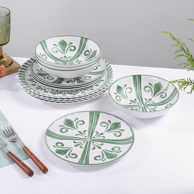 Melamine Dinnerware Sets Dinnerware Sets for 4 12Pcs Plates and Bowls Sets Green Floral Embossed Design Dish Set for Indoor and Outdoor Use