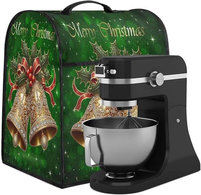Kitchen Aid Mixer Cover Christmas Holly Bells Stand Mixer Cover Compatible with 6-8 Quarts Stand Mixers Dust Covers with Zipper Pocket Foldable Washable Kitchen Aid Organizer Bag
