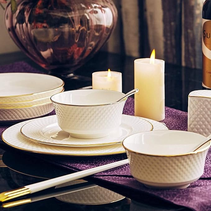 Dinnerware Set Dinner Party Tableware Service Set 58 Pieces Relief Bone China Dinnerware Sets | Porcelain Steak Plate and Cereals Bowls for Christmas Party and