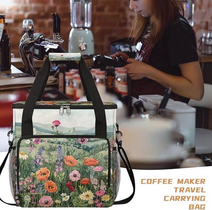 Flower Mountain Leaves Color Coffee Maker Carring Bag Travel Carrying Storage Tote Bag Compatible with Keurig K-Mini or K-Mini Plus Portable Single Serve Coffee Brewer Case with Pockets