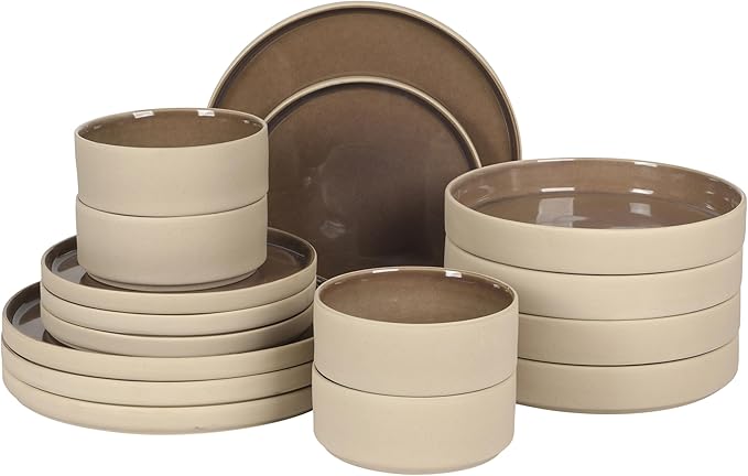 Gibson Elite Liberty Bay 16-Piece Pottery Clay Stoneware Dinnerware Set – Mocha Brown Reactive Glaze Stackable Plates and Bowls W/Pasta Bowl Service for 4 – Microwave &amp Dishwasher Safe