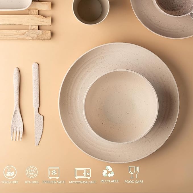 Master Flame Lightweight Unbreakable Dinnerware Set Wheat Straw Microwave Safe Plates Bowls Cups 6 Pieces (Sky Blue)