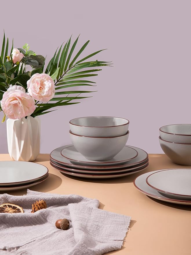 Famiware Venus Plates and Bowls Sets with Coffee Mugs Set 18 Pieces Stoneware Dinnerware Sets Ligth Gray