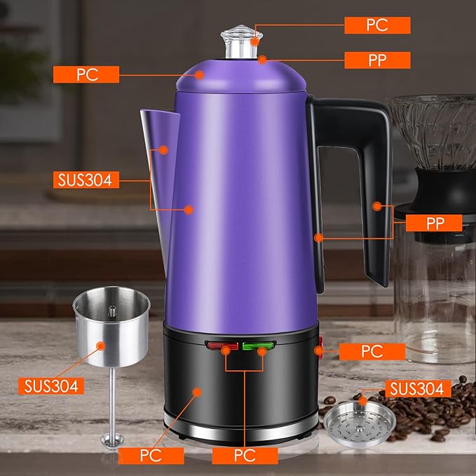 HOMOKUS Electric Coffee Percolator 12 CUPS Percolator Coffee Pot Stainless Steel Percolator Coffee Maker with Clear Knob Cool-touch Handle Auto Keep Warm Function (Purple)