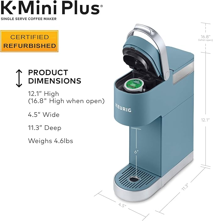 Keurig K-Mini Plus Coffee Maker Certified Refurbished Single Serve K-Cup Pod Coffee Brewer Comes With 6 to 12 oz. Brew Size K-Cup Pod Storage and Travel Mug Friendly Evening Teal (Renewed)