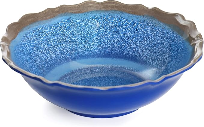 12 Piece Blue Melamine Dinnerware Set – Lightweight Chip Resistant Plates and Bowls with Scalloped Edge Design