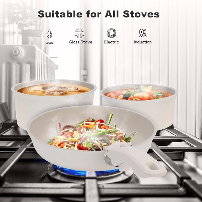 20 Piece Ceramic Pots and Pans Set Non Stick Cookware Set with Detachable Handles Oven Safe Induction Ready Stackable RV Kitchen Cooking Set Cream White