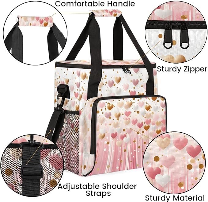 Pink Gold Heart Coffee Maker Carrying Bag Portable Travel Storage Tote Bag Compatible with K-Mini or K-Mini Plus Single Serve Coffee Brewer Carrying Case with Multiple Pockets &amp Shoulder Strap