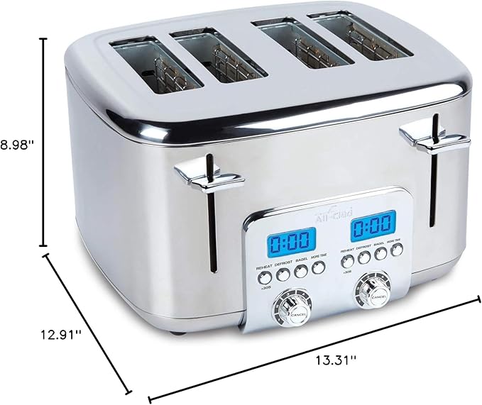 All-Clad Electric Stainless Steel Toaster 4-Slice LED Display Removable Crumb Tray Internal Cord Storage 6 Browning Levels Wide and Self-Centering Slots Waffles Bagels Bread Silver