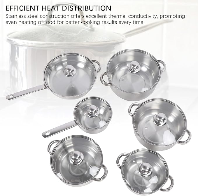 Stainless Steel Cookware Set 6Pcs Induction Compatible Even Heating Heavy Duty Stainless Steel Pots and Pans Set Versatile Kitchen Cookware Sets with Glass Lids for Frying