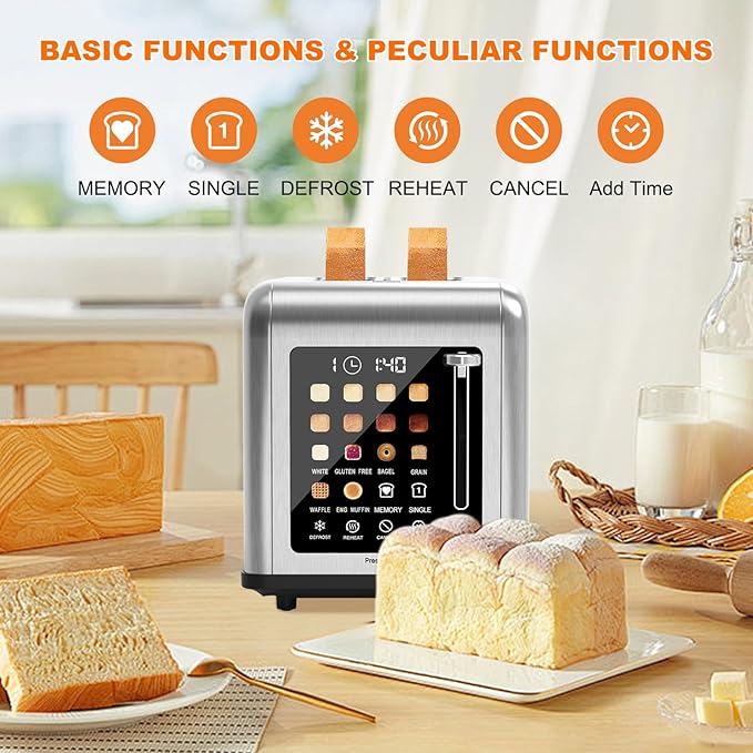 2 Slice Toaster Touch Screen Stainless Steel Toasters Digital Timer 2 Slot Toasters 8 Shade Settings 6 Bread Types for Bagel Cancel Defrost（Stainless Steel）