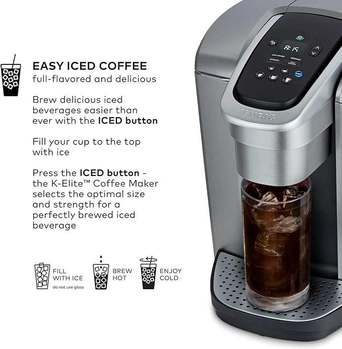 Keurig K-Elite Single Serve K-Cup Pod Coffee Maker with Strength and Temperature Control Iced Coffee Capability 8 to 12oz Brew Size Programmable Brushed Silver
