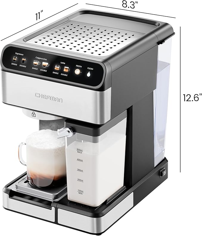 Chefman CaféMaster Pro Espresso Machine Brew Single or Double Shots Coffee Maker with Built-In Milk Frother for Cappuccino &amp Latte XL 1.8 Liter Removable Water Reservoir - Stainless Steel