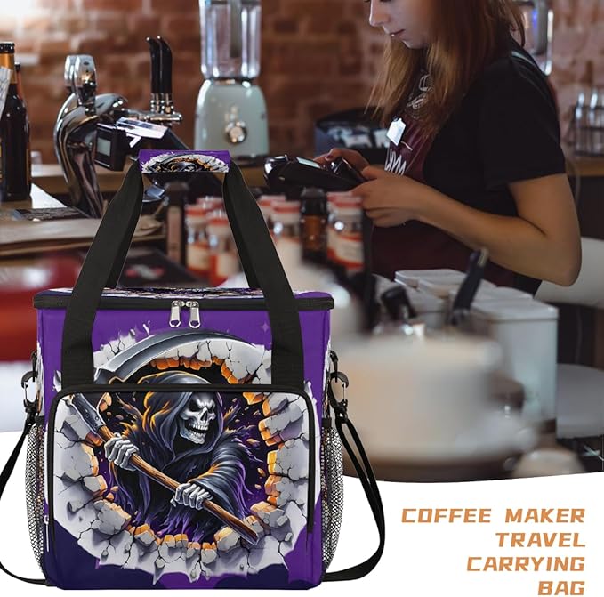 Halloween 3d Skull Scythe Coffee Maker Carring Bag Travel Carrying Storage Tote Bag Compatible with Keurig K-Mini or K-Mini Plus Portable Single Serve Coffee Brewer Case with Pockets for K-cup Pods