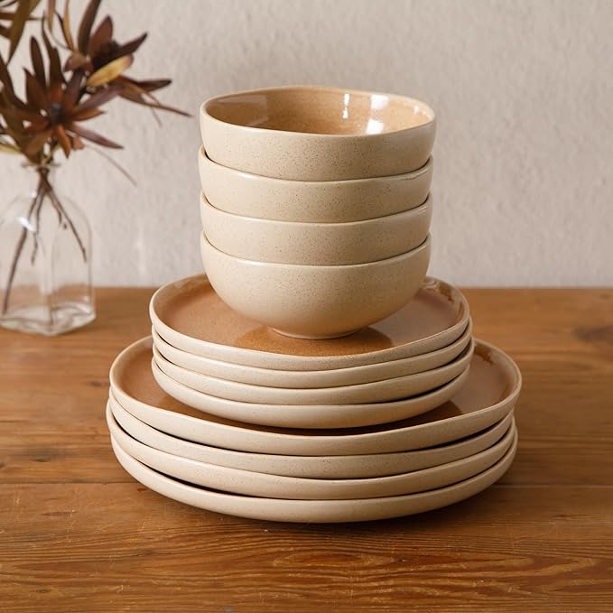 Gibson Elite Manila Bay 12-Piece Stoneware Dinnerware Set Service for 4 Reactive Glaze Modern Artisan Plates Bowls &amp Mugs Orange Round Design
