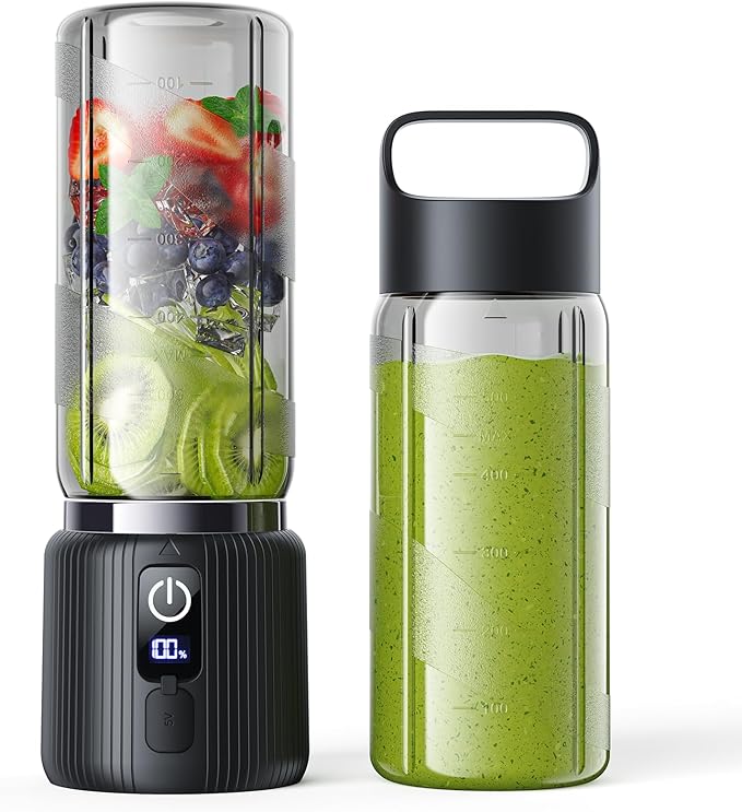 COKUNST Portable Blender Small Smoothie &amp Shake Maker with 8 Blades Compact Personal Blender with LED Display USB C Rechargeable Juice Mixer with Extra Lid for Travel Gym Home 17oz Black