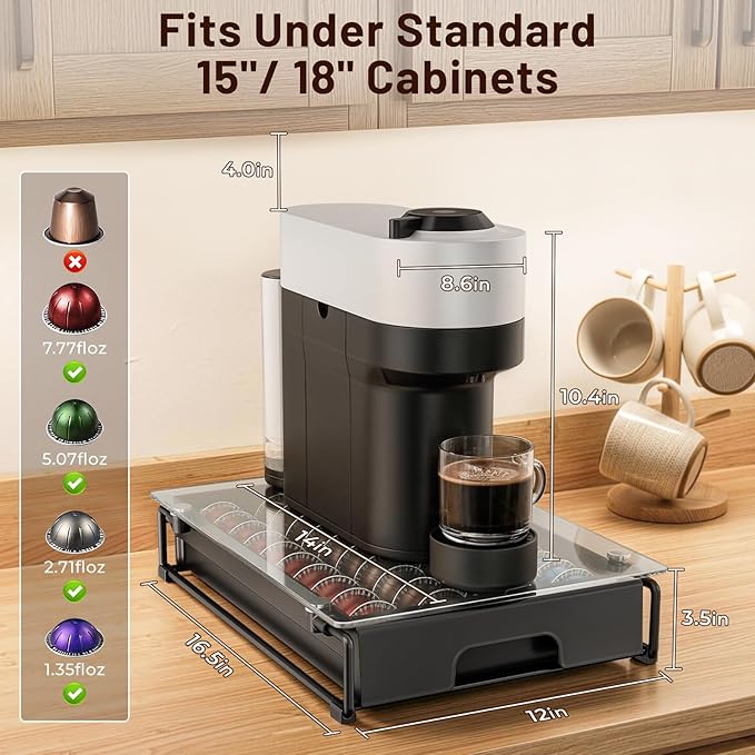 EVERIE Coffee Pod Drawer Organizer for Nespresso MachinesHigh-Capacity Storage for Vertuo CapsulesSmooth Pull-Out Design Fits Under Coffee Makers (12”W x 16.5”D x 3.5”H)
