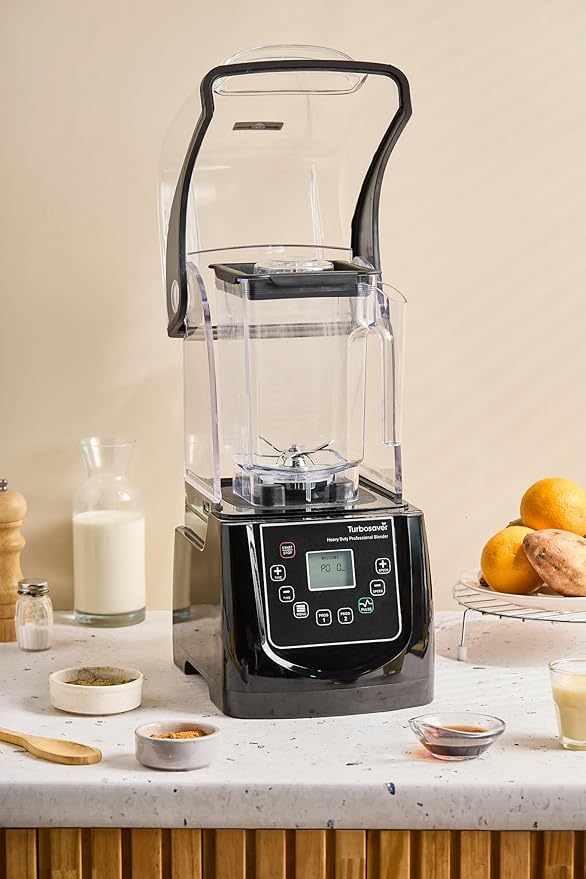 Turbosaver TB-020C Commercial Blender with Sound Enclosure 4HP 2200W Heavy Duty Motor 51 oz BPA-Free Jar Digital Touch Panel Quiet Professional Smoothie &amp Ice Crusher Blender (Black)