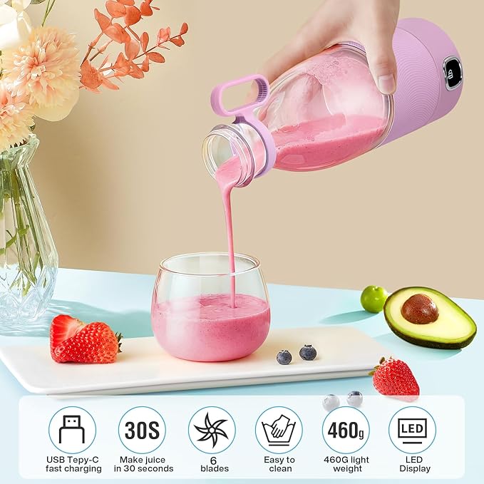 MIAOKE Portable Blender 6 Blades Juicer Cup for Juice Shakes and Smoothies 350ml Mini Blender with Led Display Usb Rechargeable3000Mah Rechargeable Battery for Home Outdoors Travel-Lceberry Pink