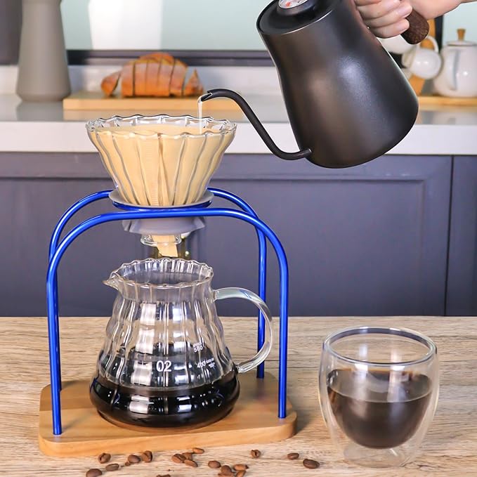 SOTECH Pour on coffee drips filter Wooden stand Glass sharing pot with paper filter coffee tea and saffron set (blove)