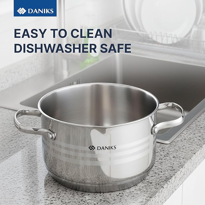 Daniks Tokio Stainless Steel Stock Pot 3 Quart with Glass Strainer Lid Induction Ready Dishwasher Safe Measuring Scale Silver