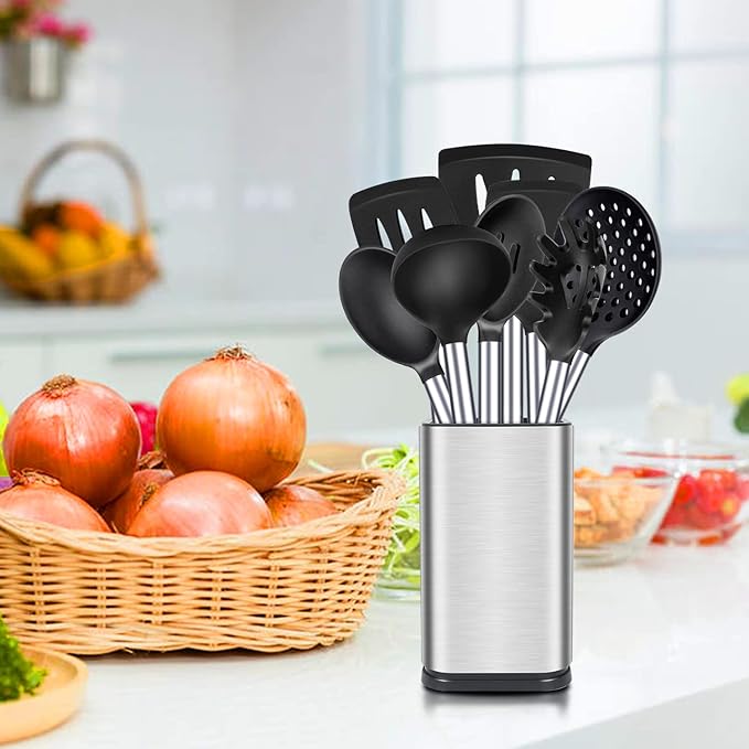 Silicone Cooking Utensil Set 8Pcs Non-stick Cookware with Stainless Steel Handle BPA Free Heat Resistant Kitchen Tools with Spatulas Turners Spoons Skimmer and Pasta Fork