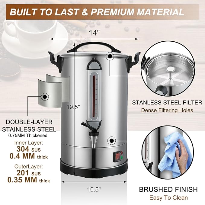 Commercial Coffee Maker 100 Cup Coffee Urn Hot Beverage Dispenser 4 Gallon 16L Large Coffee Urn Dual Layers 304 Stainless Steel 1300W Fast Brew Percolator For Business Catering Church