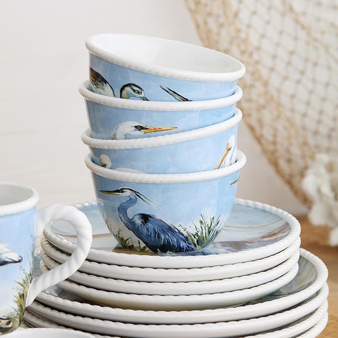 Coastal Birds 16-Piece DINNERWARE SET SERVICE for 4 Ceramic Dinner Salad Plates Mugs Bowls artist-designed Wetland Birds Blue Sky for Coastal Dining
