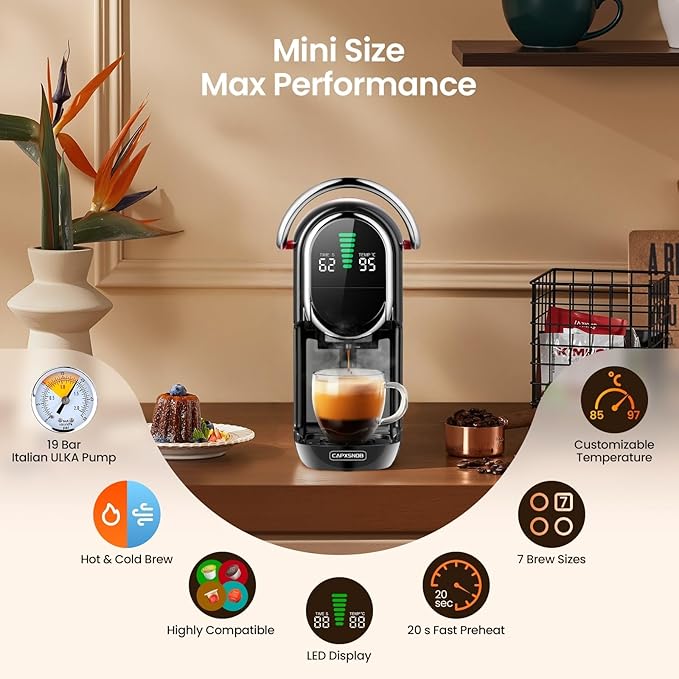 Magician1 Mini Espresso Machine for Nespresso Original Dolce Gusto Lavazza Blue ESE Pods 19-Bar Coffee Machine for Ground Coffee Coffee Maker with adjustable Temp &amp Cup Size 21oz Reservoir