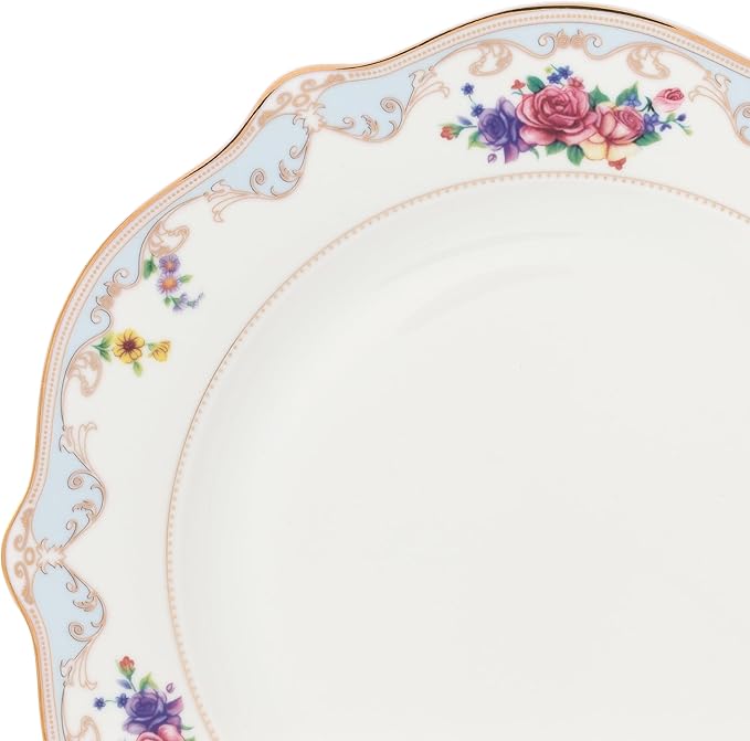 Joseph Sedgh Collection Romantic Bloom 57-Piece Bone China Dinnerware Set Service for 8 Floral with Blue and Gold Trim