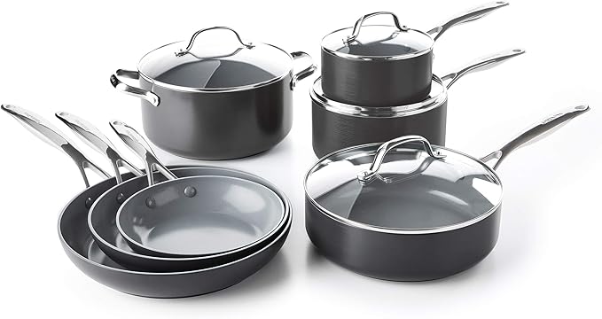 GreenPan Valencia Pro 100% Toxin-Free Healthy Ceramic Nonstick Metal Utensil Dishwasher/Oven Safe Cookware Set 11-Piece Gray &amp Lima 11 Ceramic Non-Stick Square Griddle Grey - CW000190-002