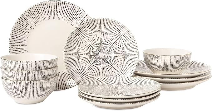 12-Piece Ceramic Dinnerware Set Plates and Bowls Service for 4 Microwave &amp Dishwasher Safe Complete Set: Includes 4 dinner plates 4 salad plates and 4 bowls Black/White