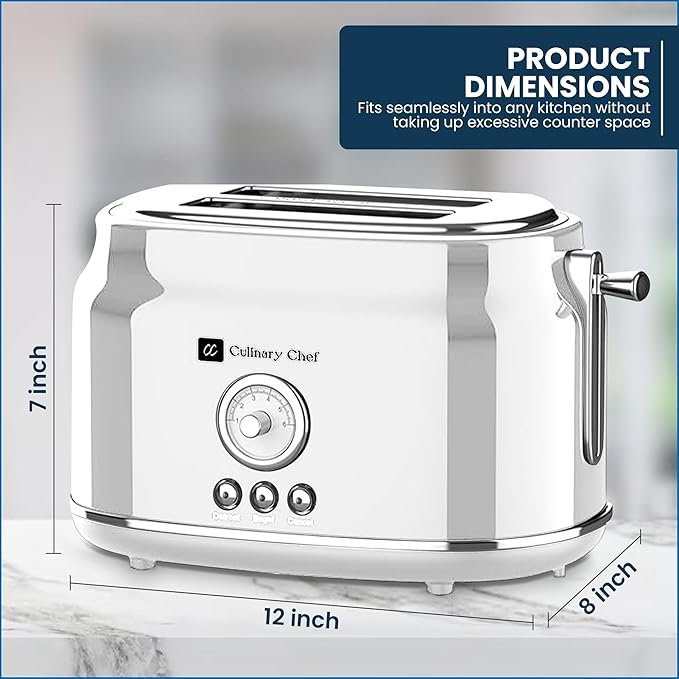 Frigidaire ETO102-WHITE 2 Slice Toaster Retro Style Wide Slot for Bread English Muffins Croissants and Bagels 5 Adjustable Toast Settings Cancel and Defrost 900w White