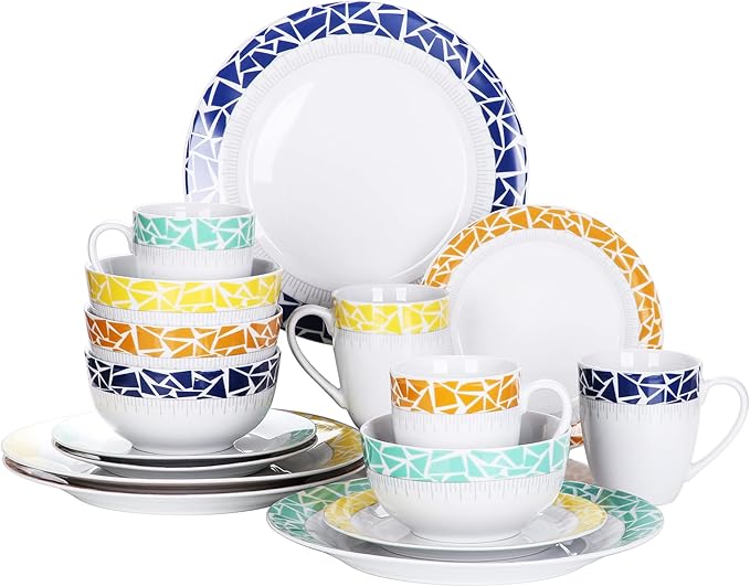 VEWEET Cecil Porcelain Dinner Service Set 16-Piece Crockery Set Includes 10.75 Inch Dinner Plates 7.5 Inch Dessert Plates 5.5 Inch Bowl and 380 ml Coffee Mug Complete Service for 4 People