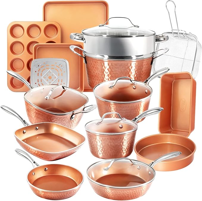 Gotham Steel 20pc Copper Cookware &amp Bakeware Set + Double Sided Copper Pan for Pancakes &amp More