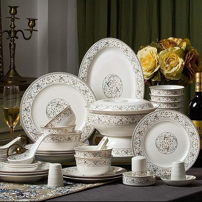 Dinnerware Set Ceramics Dinnerware Set with 50-PieceBowl/Stockpot/Dish/Spoon|Bone China Dinner Sets Rim Porcelain Combination Set Plates