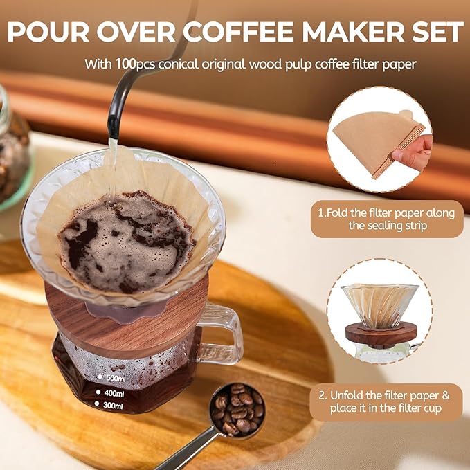 Pour Over Coffee Maker 600ml Borosilicate Glass Drip Coffeemaker Server Set with 100pcs V60 Cone Paper Filters Walnut Collar Glass Lid Clear Hand Brew Dripper Carafe for Home Camping Travel 20.3oz