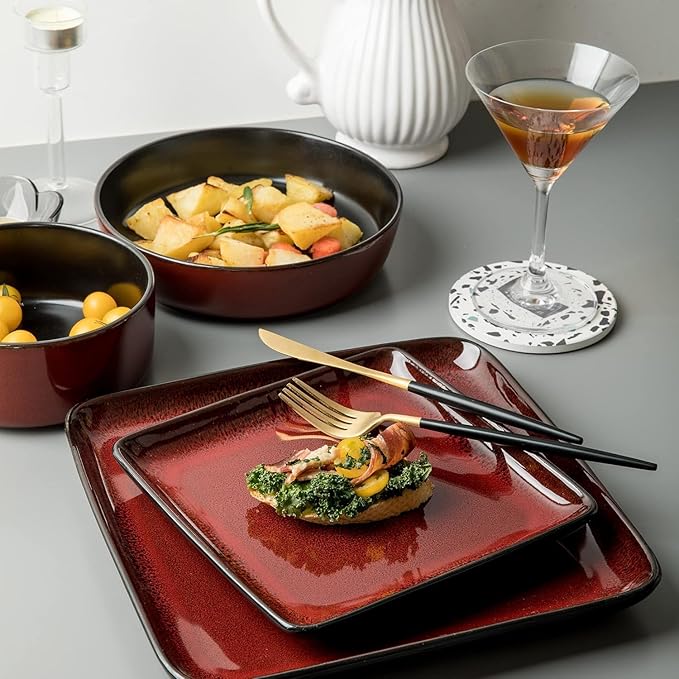 FLACKAR Square Stoneware 16pc Dinnerware Set for 4 Dinner Plates Side Plates Cereal Bowls Mugs - Reactive Glaze Red (485450)